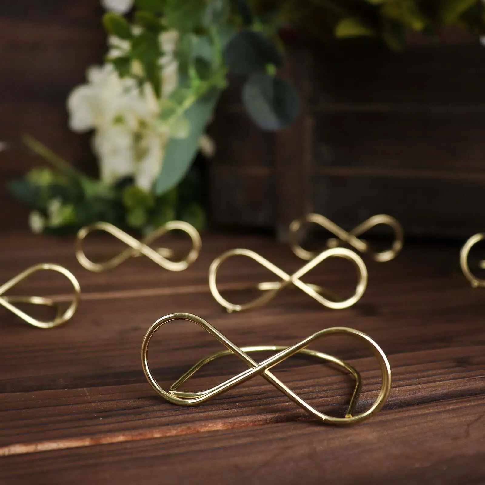 10 Pack Gold Metal Infinity Card Holder Stands, Table Number Stands, Wedding Table Place Card Menu Clips 3"