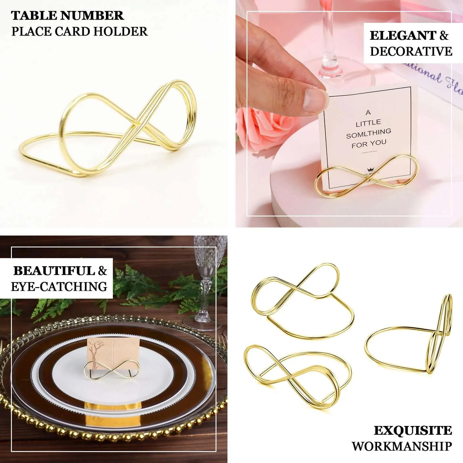 10 Pack Gold Metal Infinity Card Holder Stands, Table Number Stands, Wedding Table Place Card Menu Clips 3"