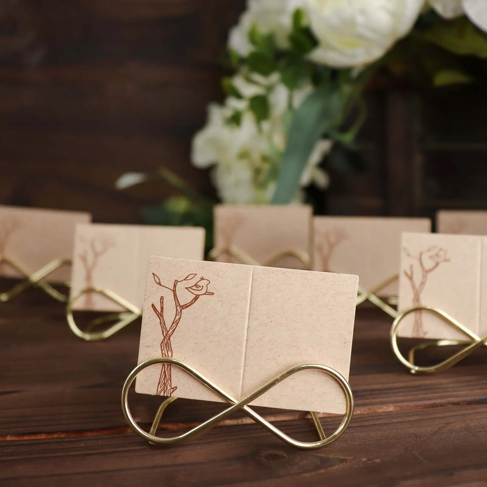 10 Pack Gold Metal Infinity Card Holder Stands, Table Number Stands, Wedding Table Place Card Menu Clips 3"