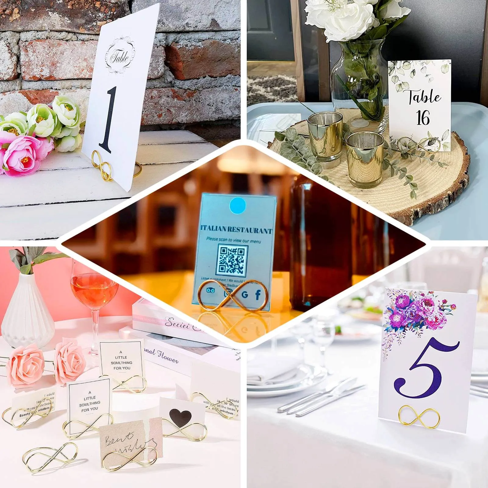 10 Pack Gold Metal Infinity Card Holder Stands, Table Number Stands, Wedding Table Place Card Menu Clips 3"