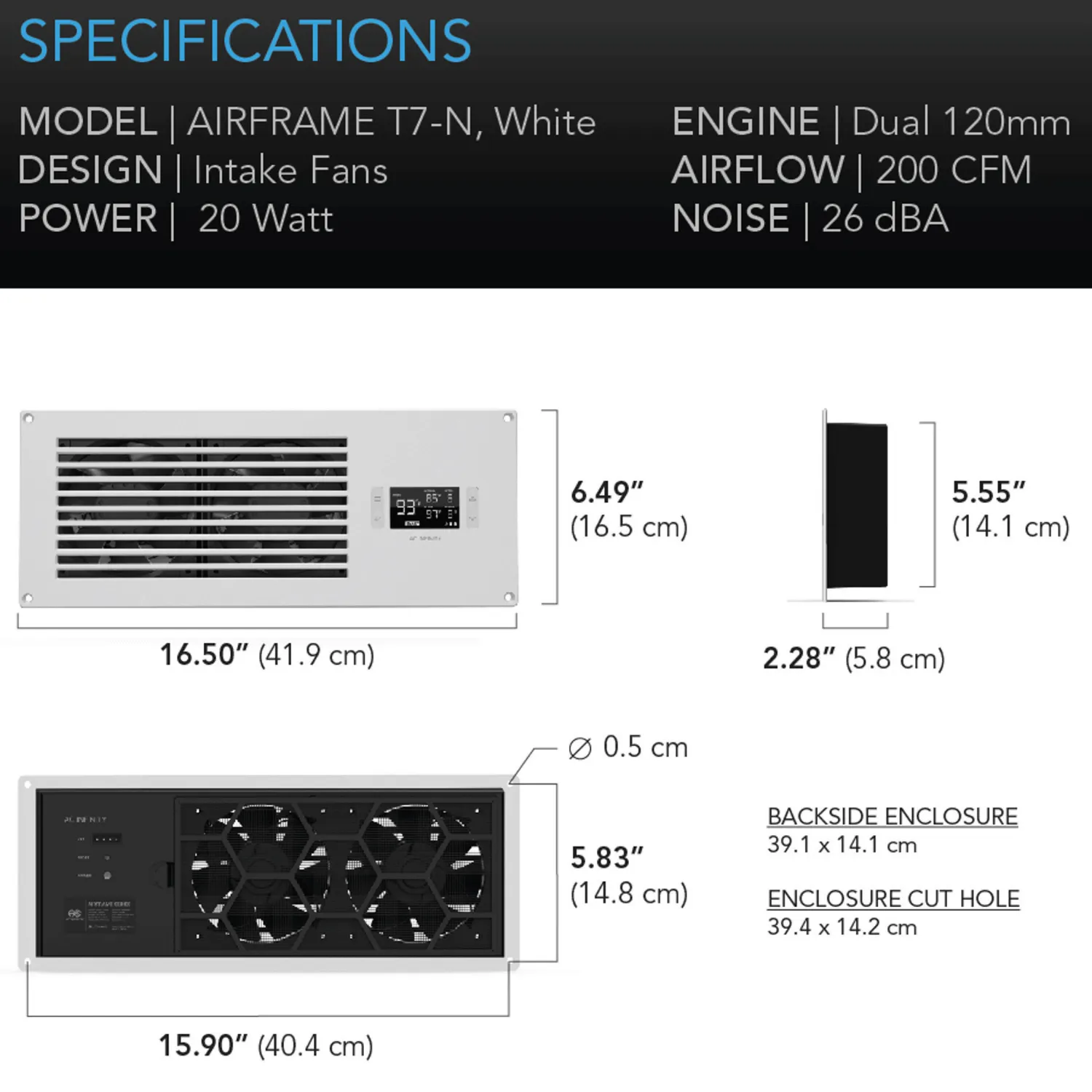 AC Infinity AIRFRAME T7-N White, Equipment Closet and Room Fan System 17", Intake