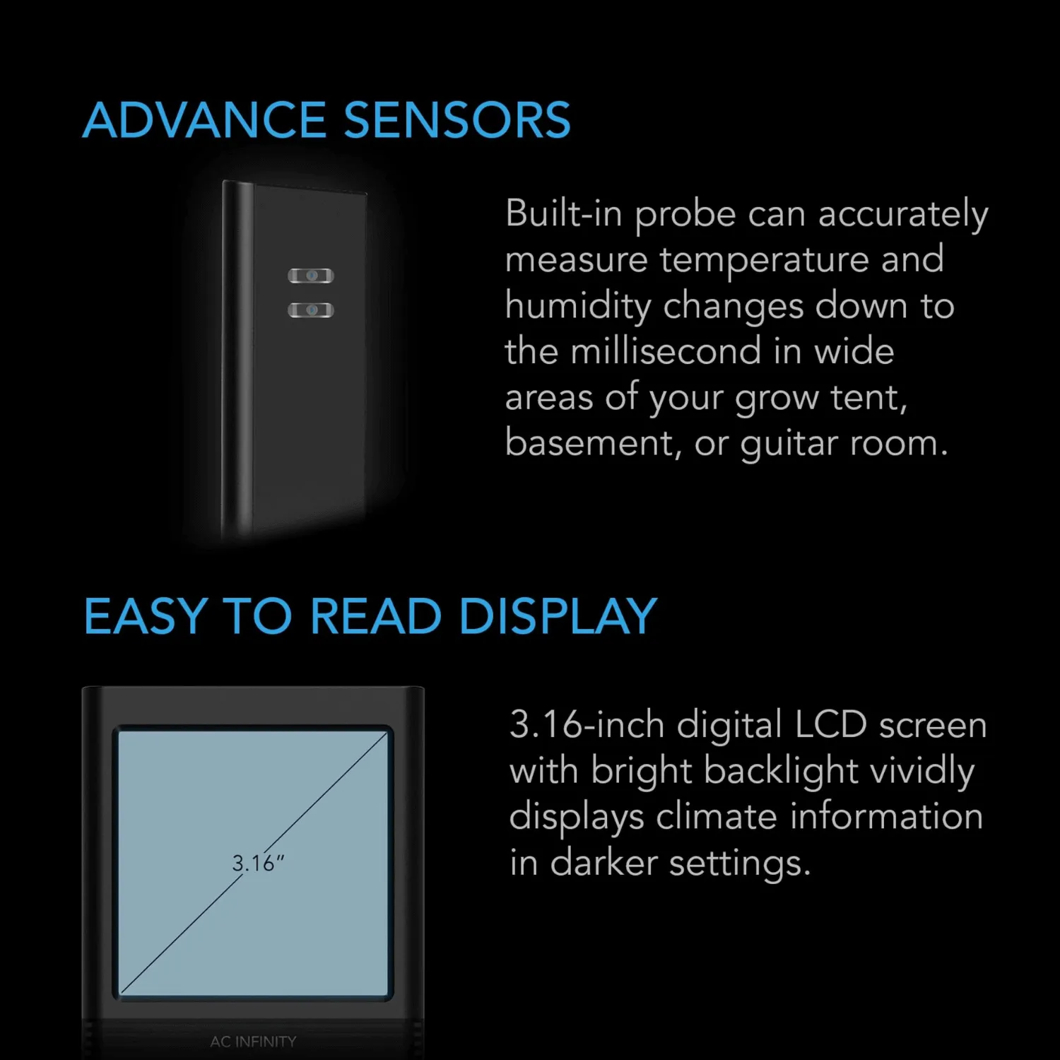 AC Infinity CLOUDCOM B2, Smart Thermo-Hygrometer with Data App, Integrated Sensor Probe
