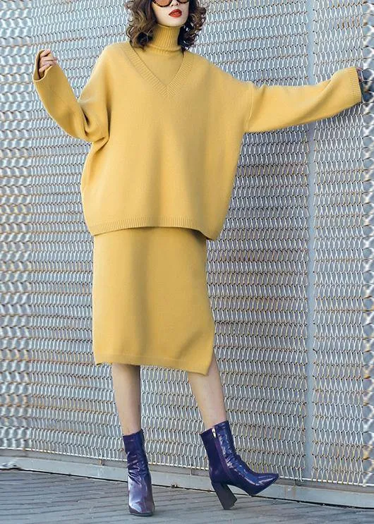 Autumn new temperament yellow high collar long-sleeved sweater suit skirt two-piece