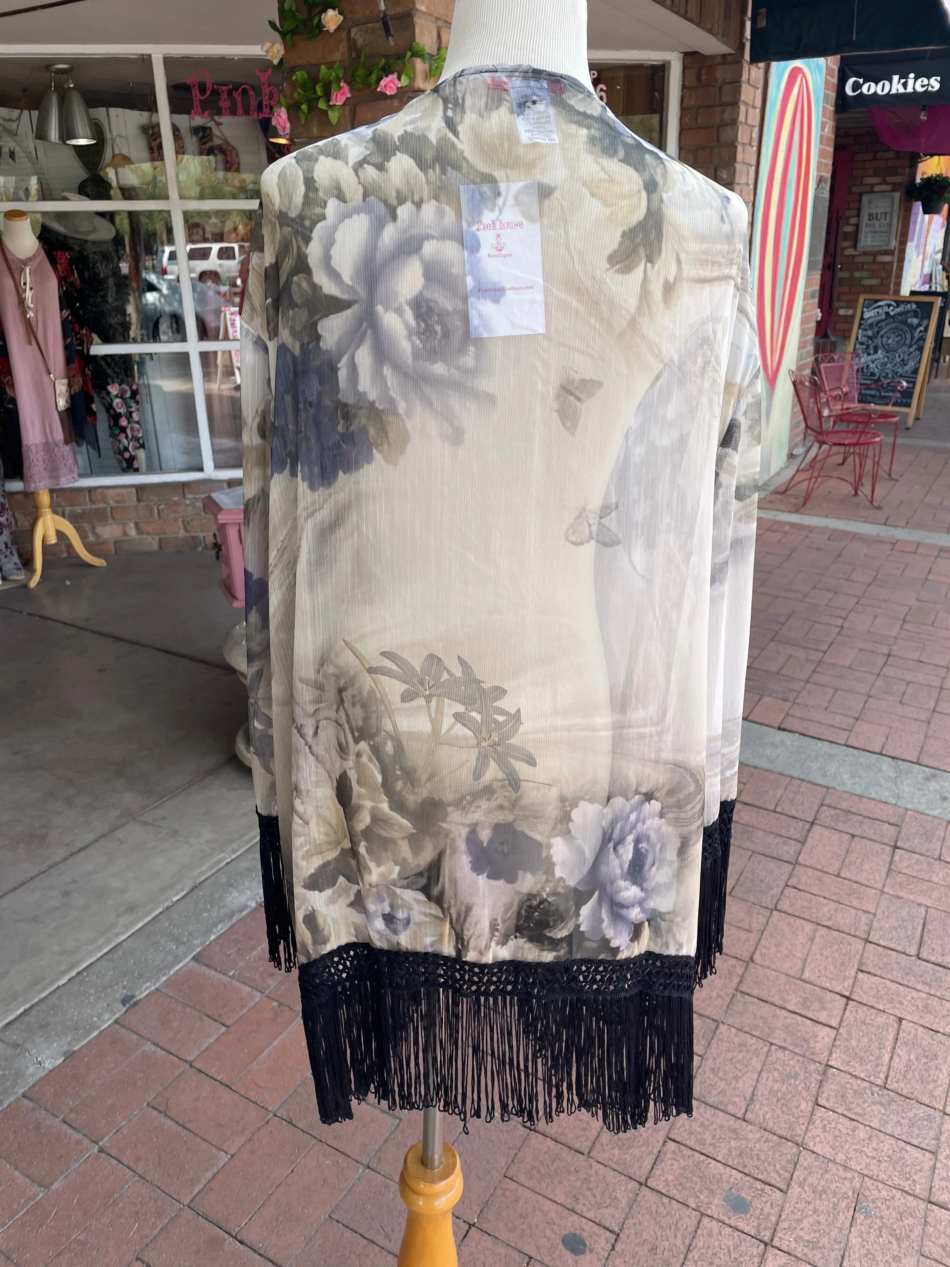 Black and Ivory Fringe Kimono