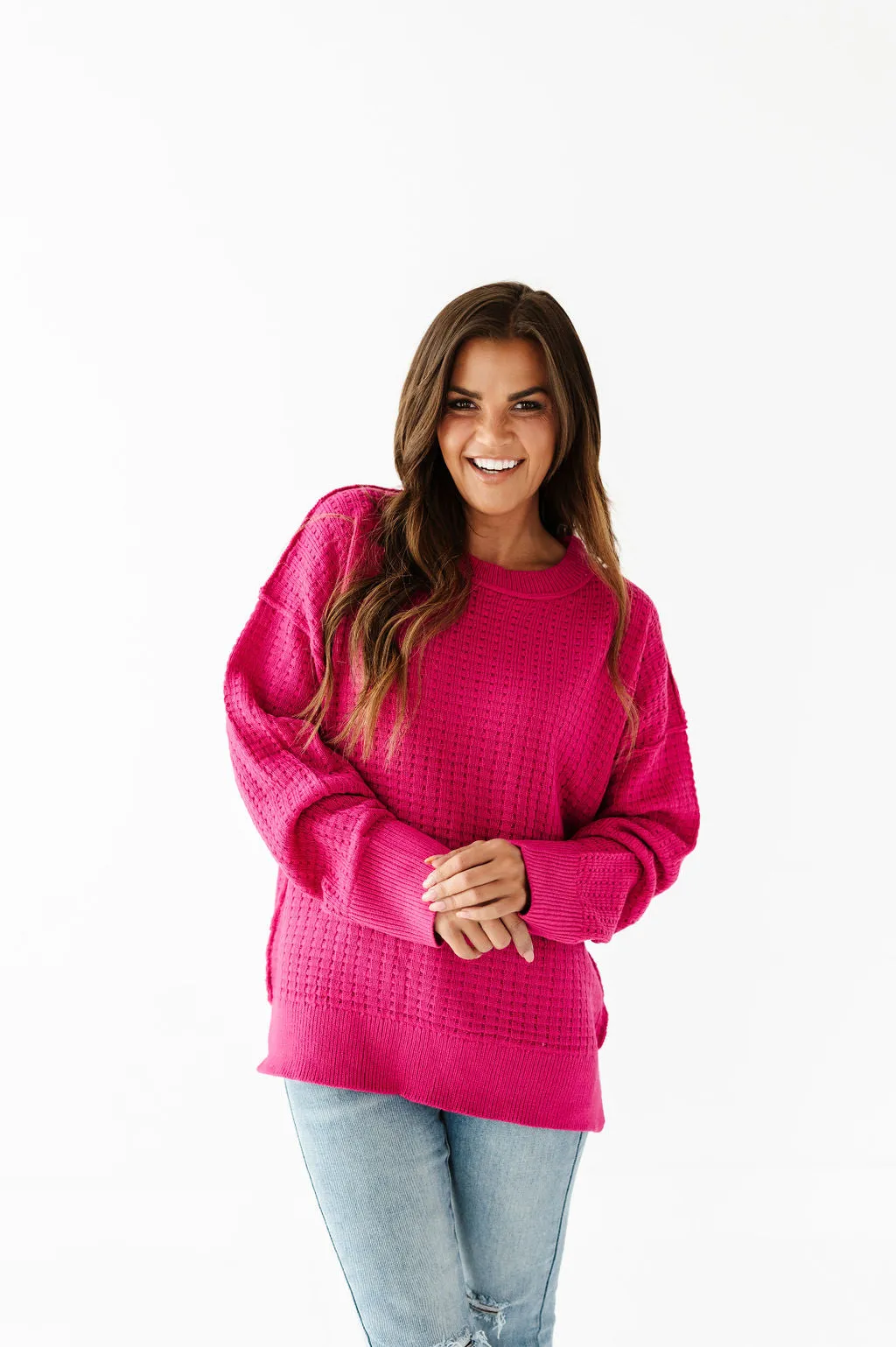 Cam Waffle Knit Sweater in Magenta - Size 2X Left