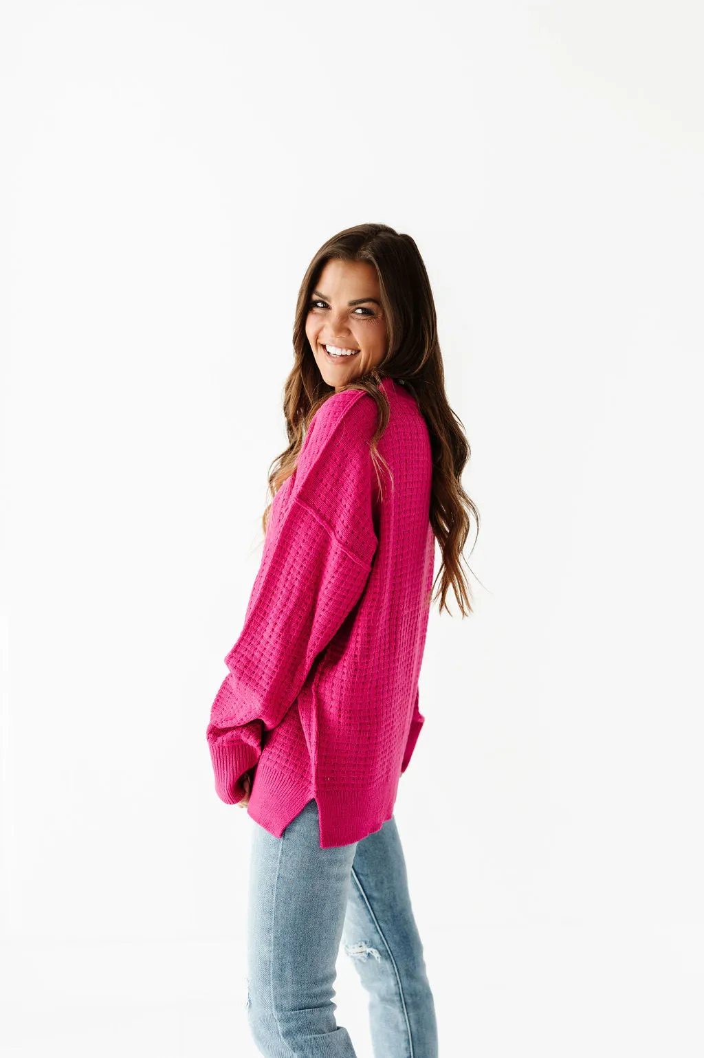 Cam Waffle Knit Sweater in Magenta - Size 2X Left