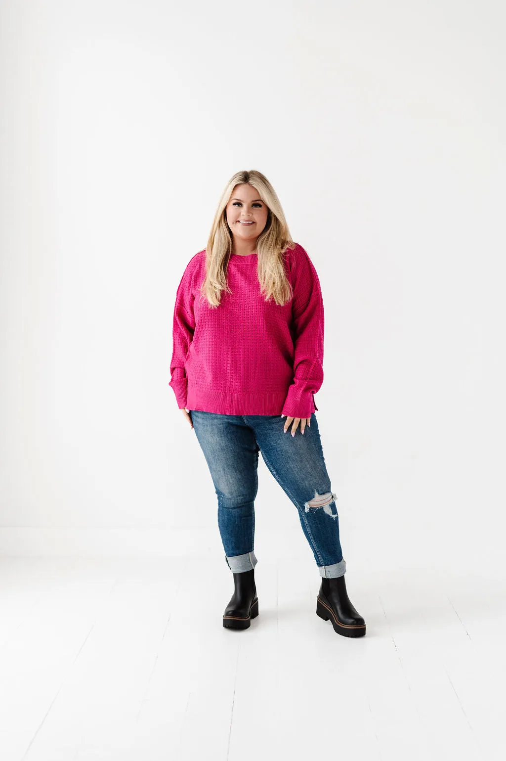 Cam Waffle Knit Sweater in Magenta - Size 2X Left
