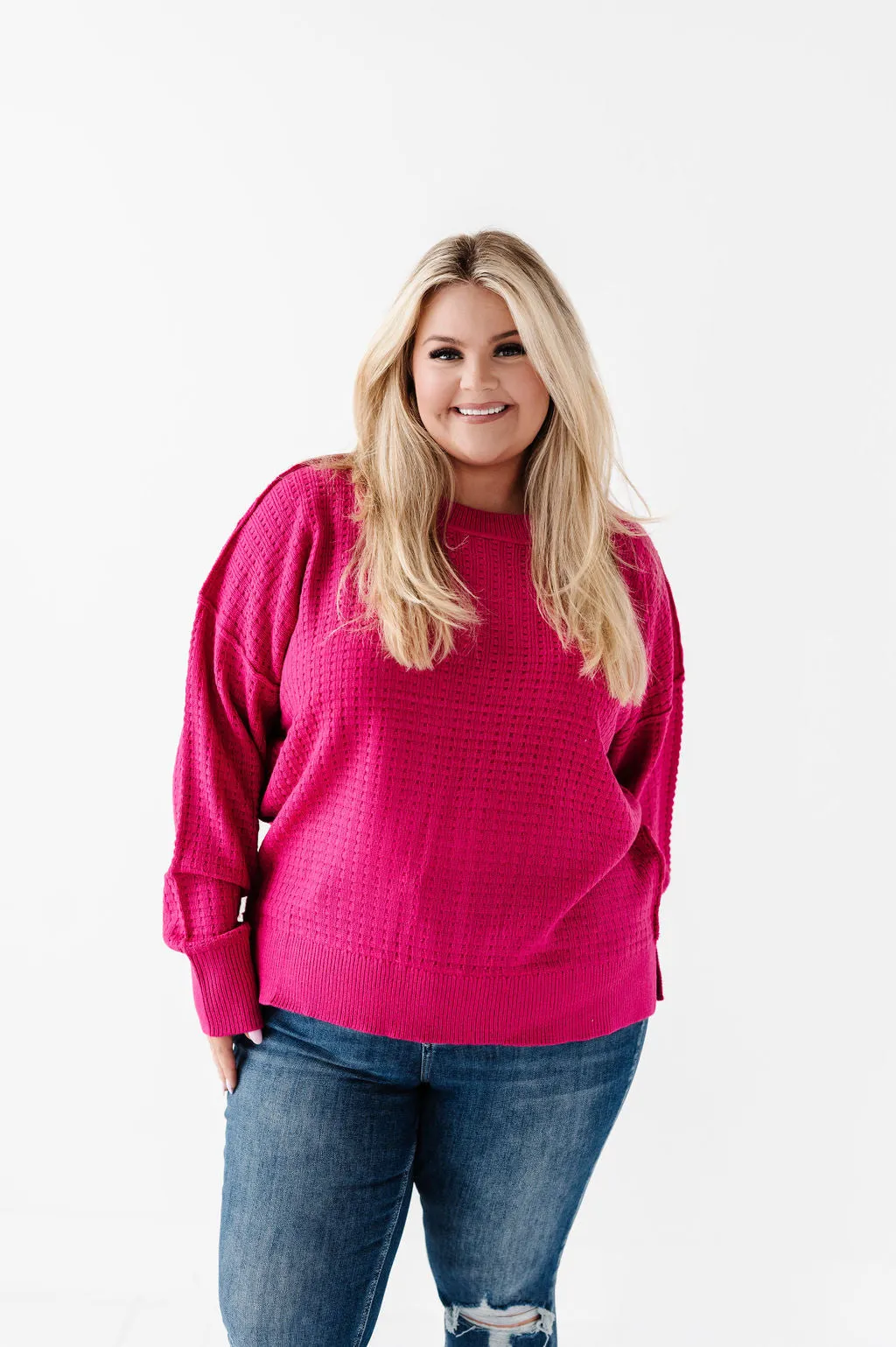 Cam Waffle Knit Sweater in Magenta - Size 2X Left