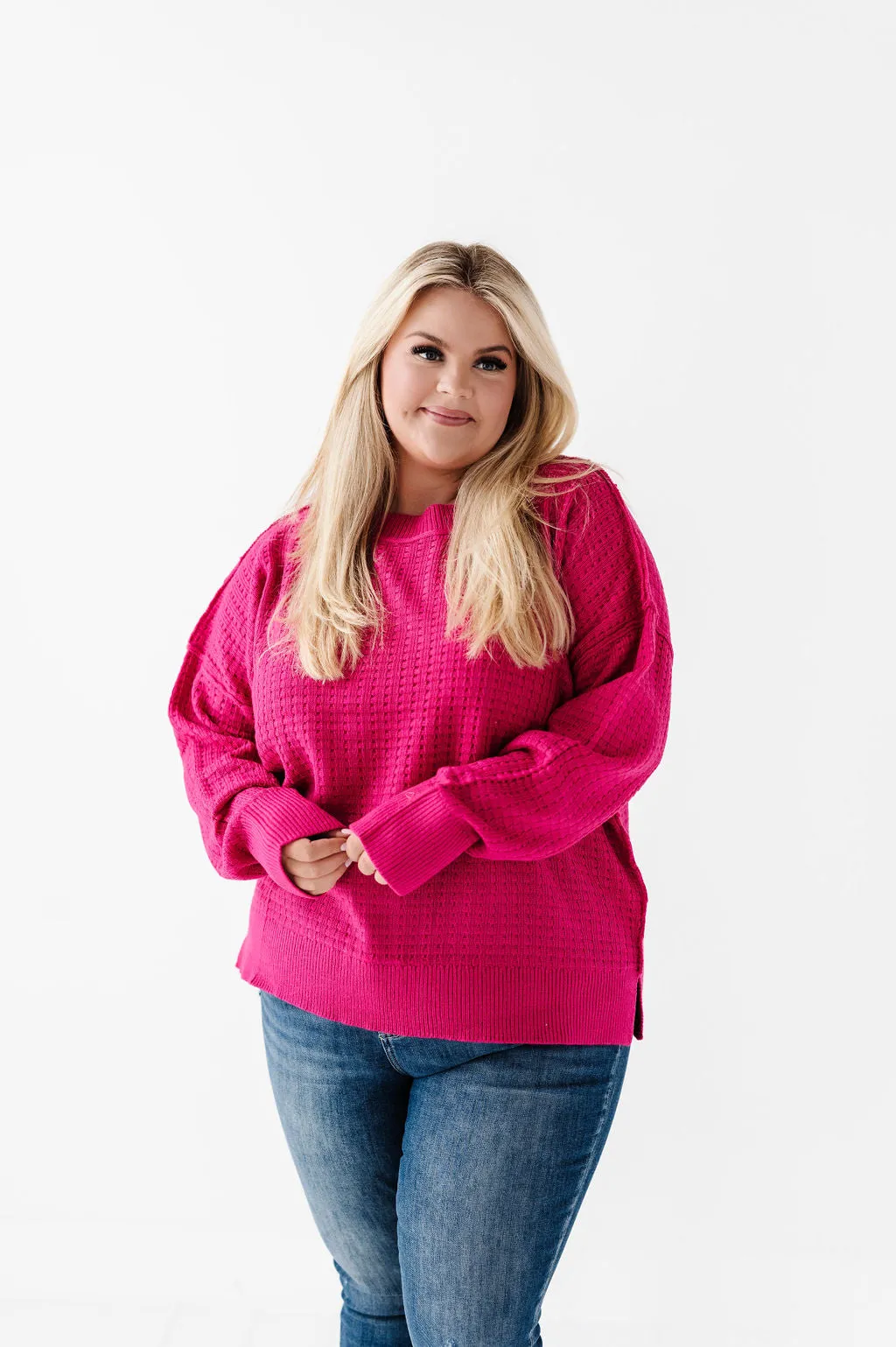 Cam Waffle Knit Sweater in Magenta - Size 2X Left