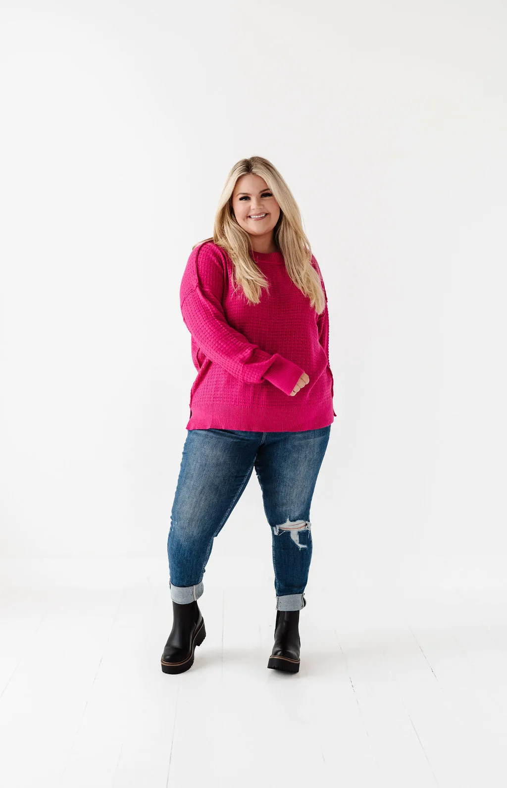 Cam Waffle Knit Sweater in Magenta - Size 2X Left