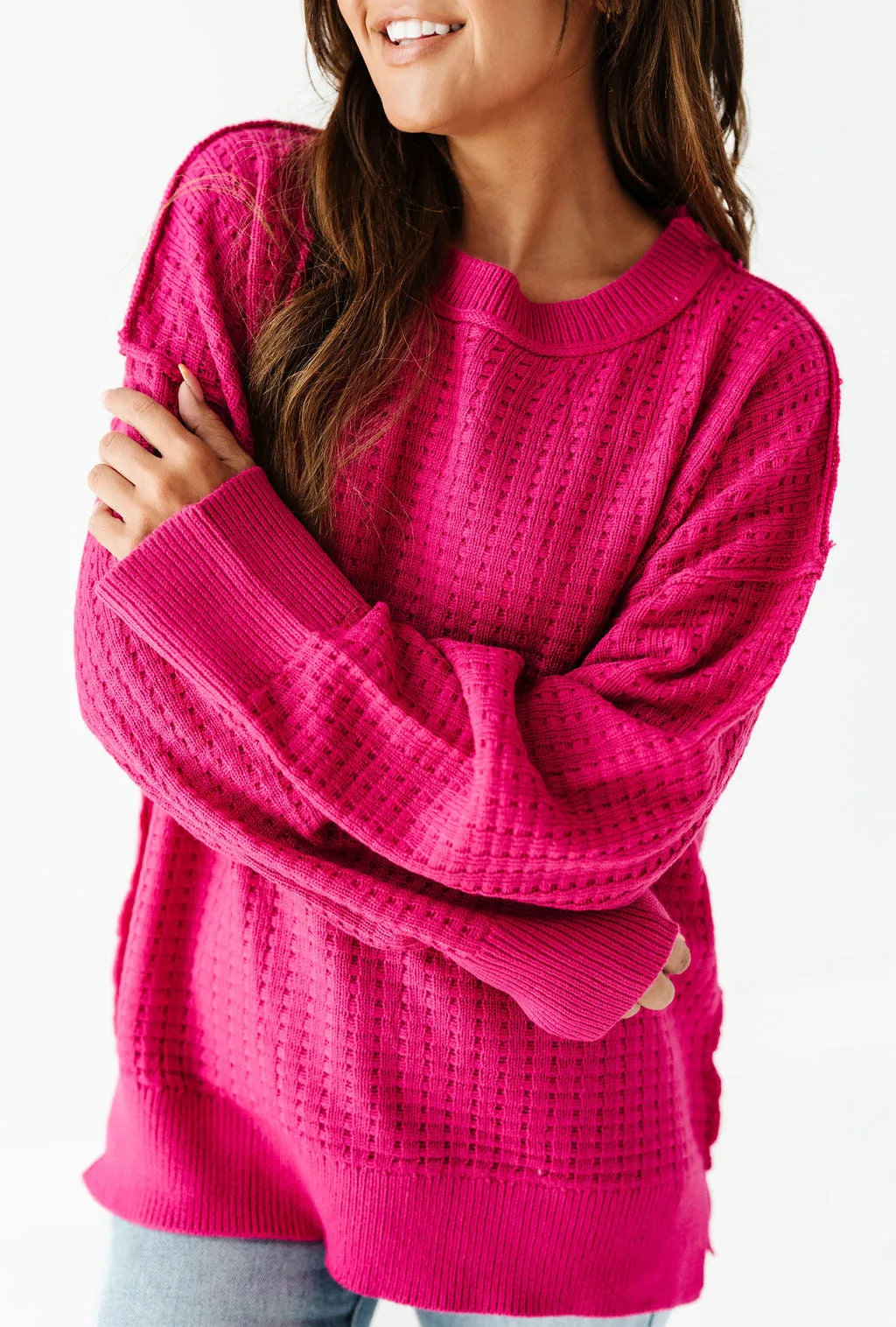Cam Waffle Knit Sweater in Magenta - Size 2X Left