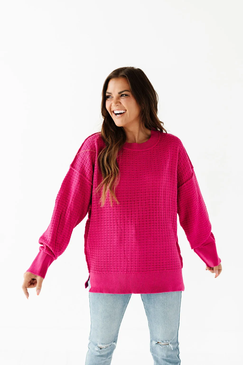 Cam Waffle Knit Sweater in Magenta - Size 2X Left