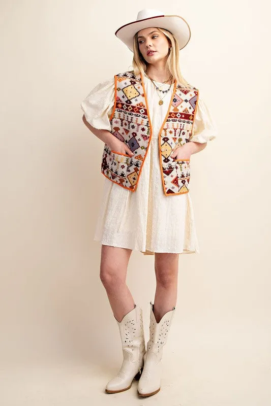 Cream Textured Puff Sleeve Dress