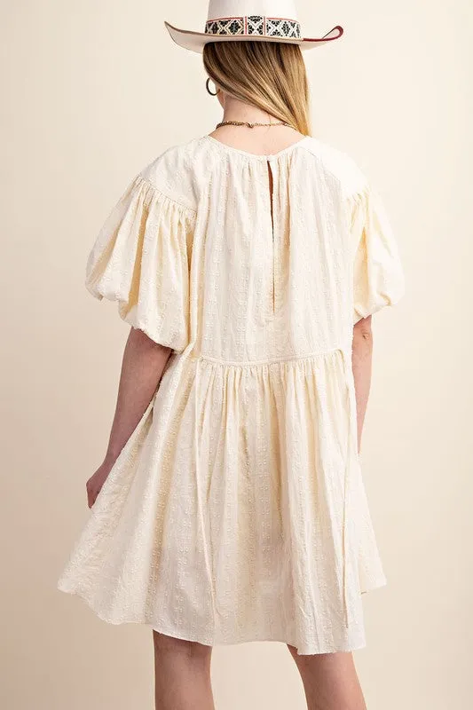 Cream Textured Puff Sleeve Dress