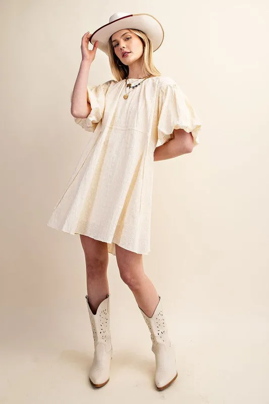 Cream Textured Puff Sleeve Dress