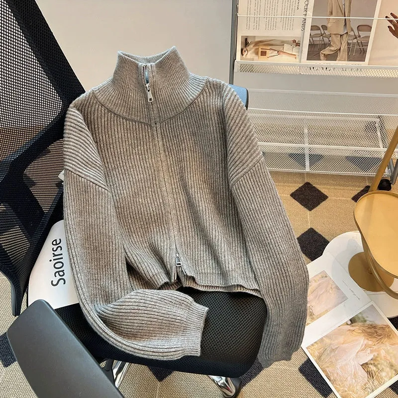Cropped double zipper sweater jacket thickened design sense niche sweater