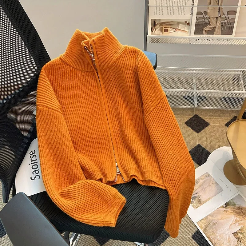 Cropped double zipper sweater jacket thickened design sense niche sweater