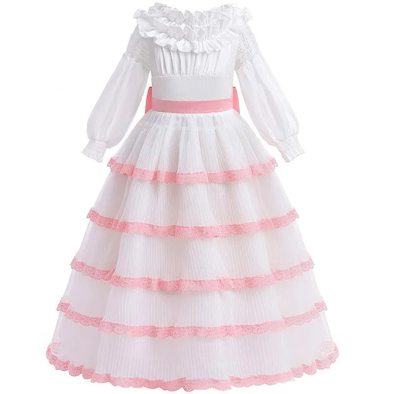 Elegant Lace Girl's Gown Girls' fashionable one shoulder long sleeved dress for countryside outings casual dress for carnival birthdays host's performance attire