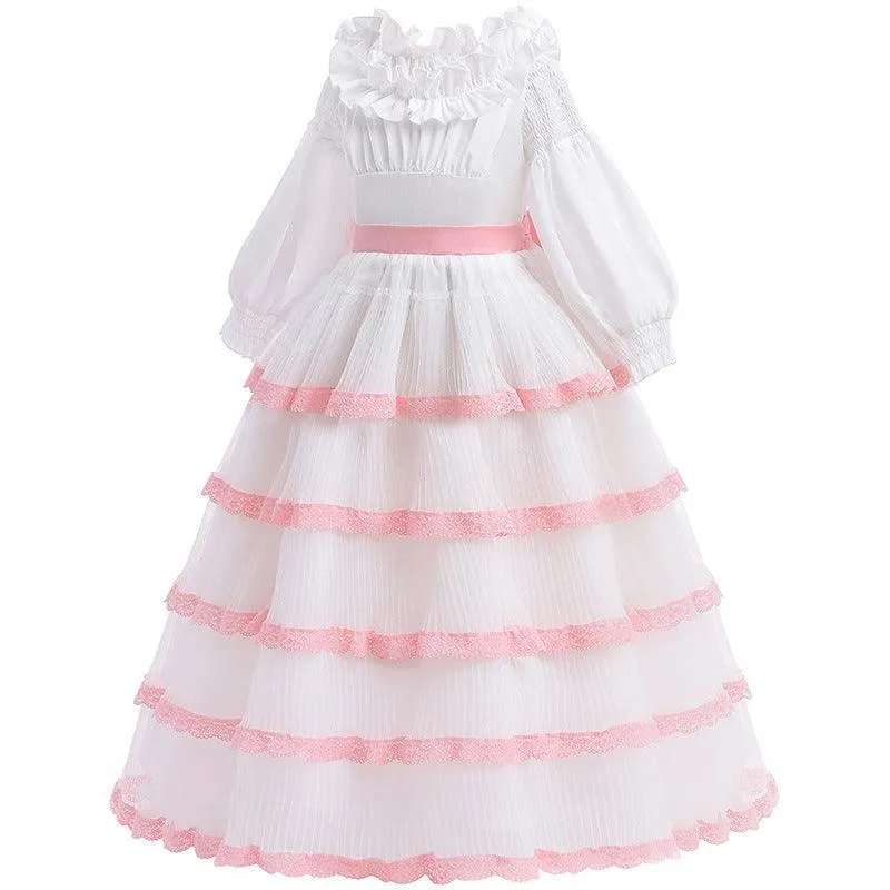 Elegant Lace Girl's Gown Girls' fashionable one shoulder long sleeved dress for countryside outings casual dress for carnival birthdays host's performance attire