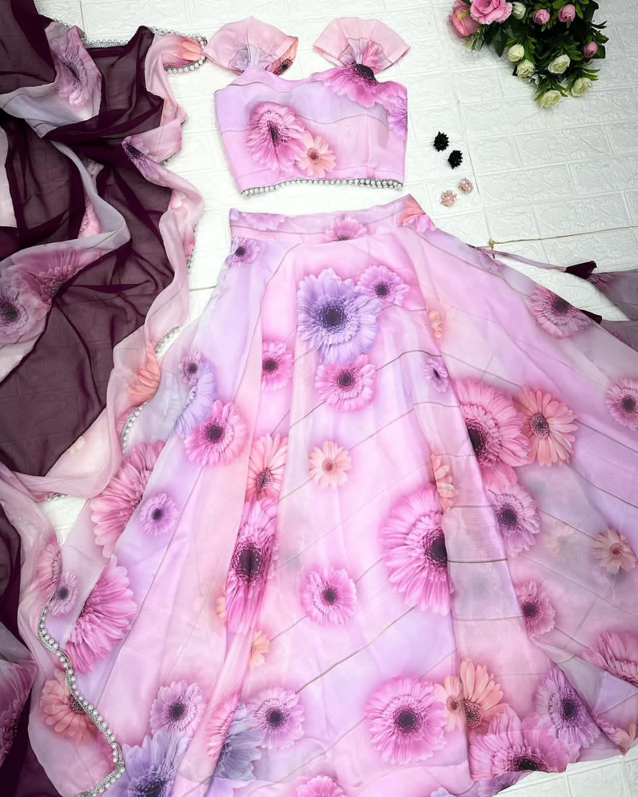 Exclusive Light Pink Heavy Organza Digital Printed Lehenga Choli
