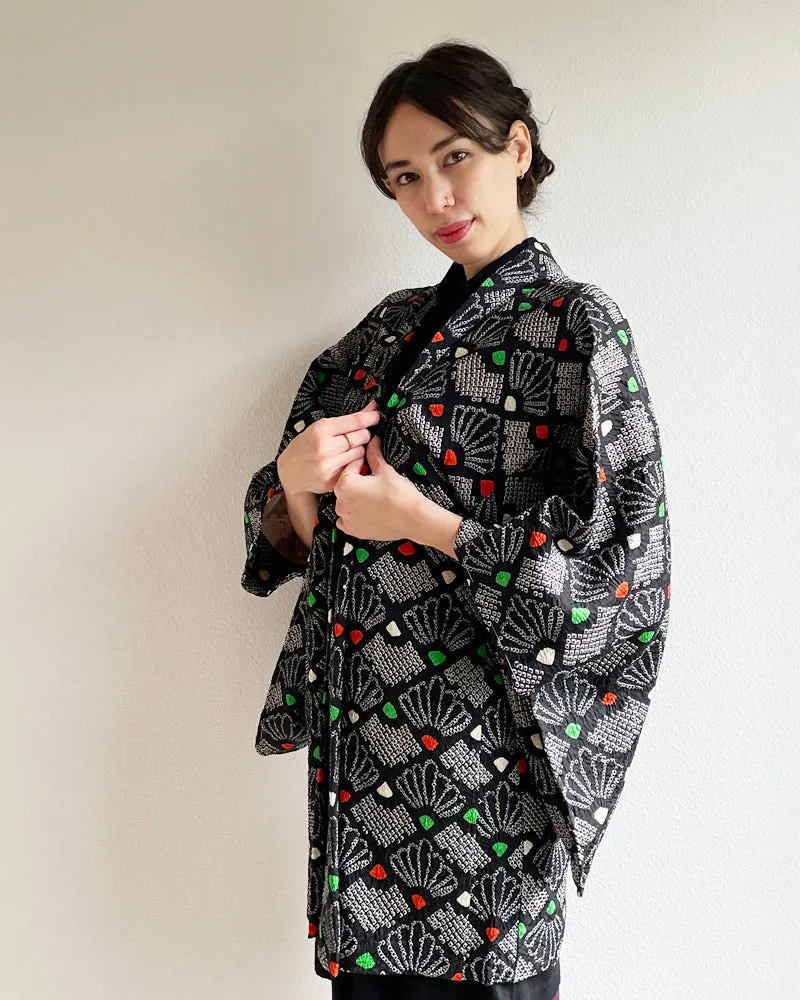 Fan Hankles Black Shibori Haori Kimono Jacket