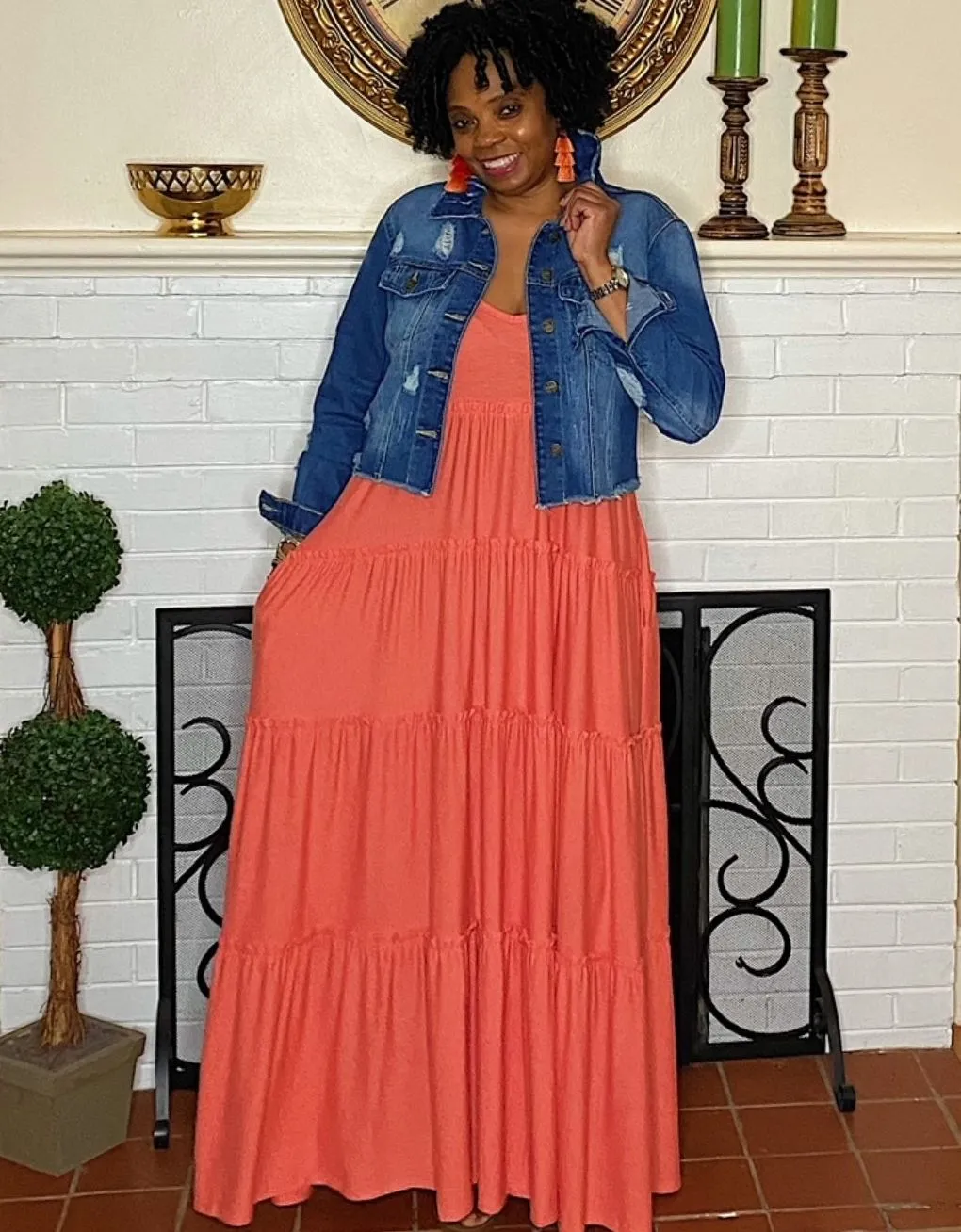 ‘Gianna’ Tiered Maxi Deep Coral Curvy