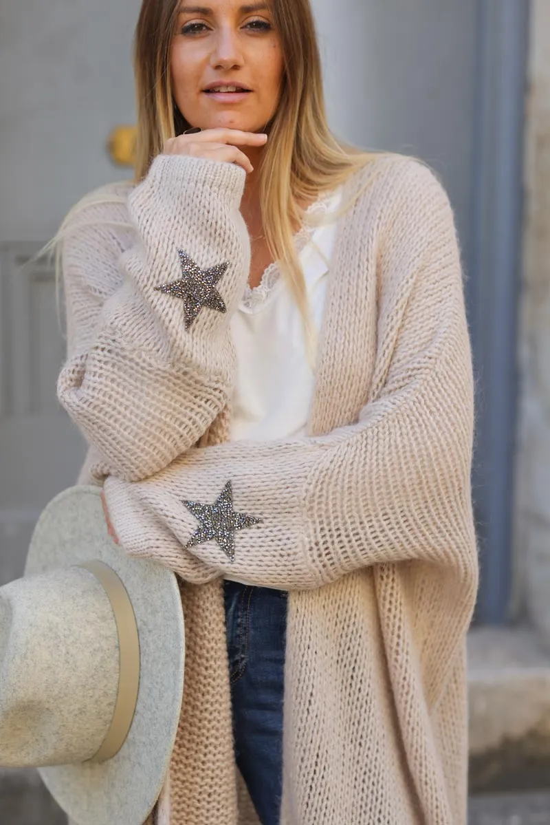 Gilet beige mi-long grosses mailles étoile strass manches