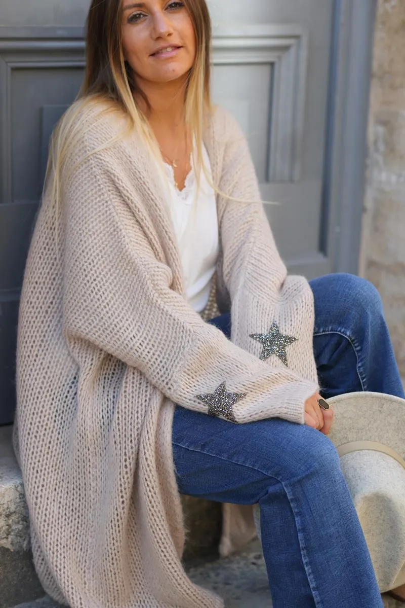 Gilet beige mi-long grosses mailles étoile strass manches