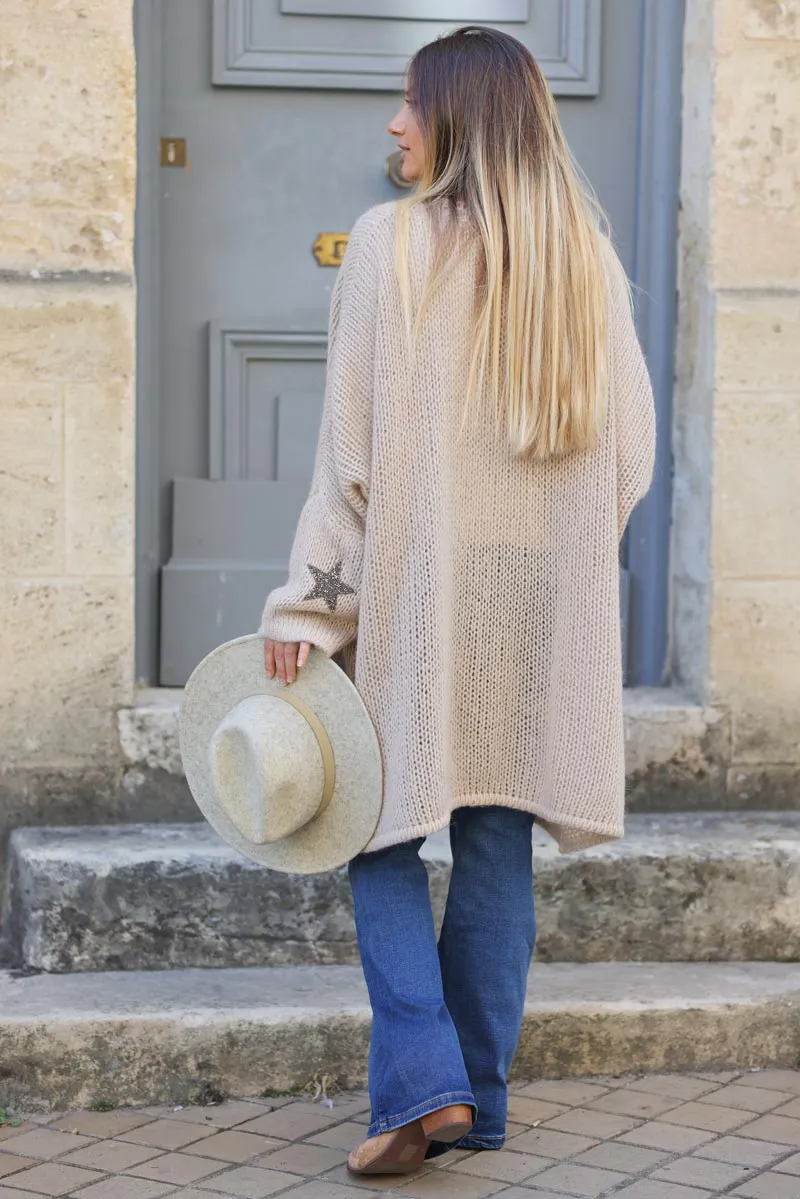 Gilet beige mi-long grosses mailles étoile strass manches