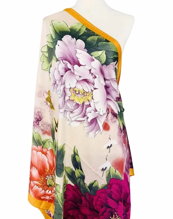 JC Sunny Silk-Feeling Purple-Multi Peony & Crane Scarf
