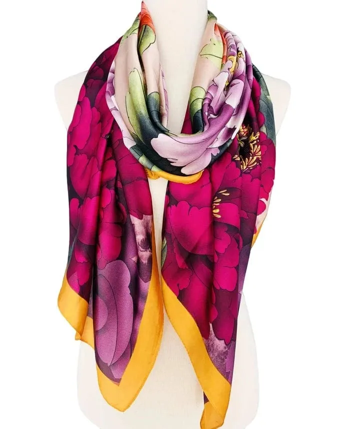 JC Sunny Silk-Feeling Purple-Multi Peony & Crane Scarf