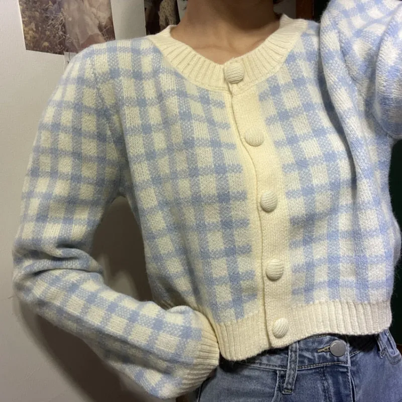 Joskaa Christmas Gift JMPRS Fashion Plaid Women Cardigans Sweater Casual O Neck Autumn Long Sleeve Cropped Knitted Jacket Korean Button Female Coat