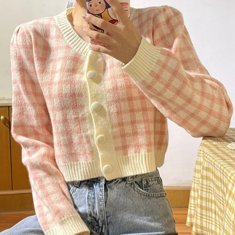 Joskaa Christmas Gift JMPRS Fashion Plaid Women Cardigans Sweater Casual O Neck Autumn Long Sleeve Cropped Knitted Jacket Korean Button Female Coat