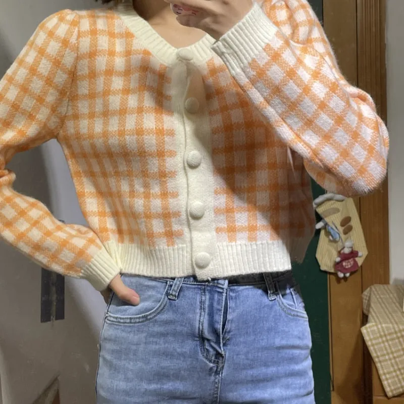 Joskaa Christmas Gift JMPRS Fashion Plaid Women Cardigans Sweater Casual O Neck Autumn Long Sleeve Cropped Knitted Jacket Korean Button Female Coat