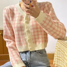 Joskaa Christmas Gift JMPRS Fashion Plaid Women Cardigans Sweater Casual O Neck Autumn Long Sleeve Cropped Knitted Jacket Korean Button Female Coat