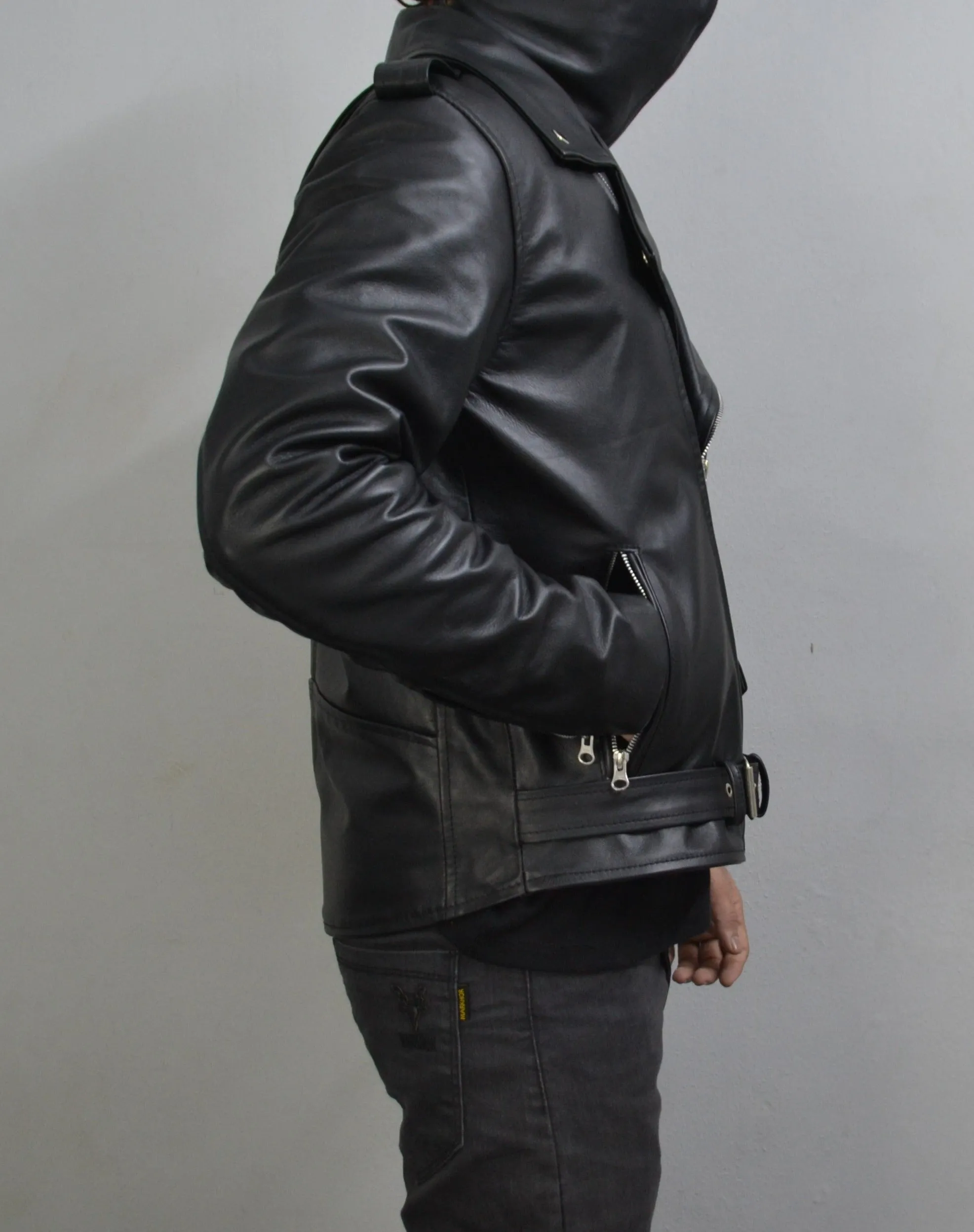Men's Black Motorcycle Genuine Leather Slim-Fit Half-Belted Biker Jacket