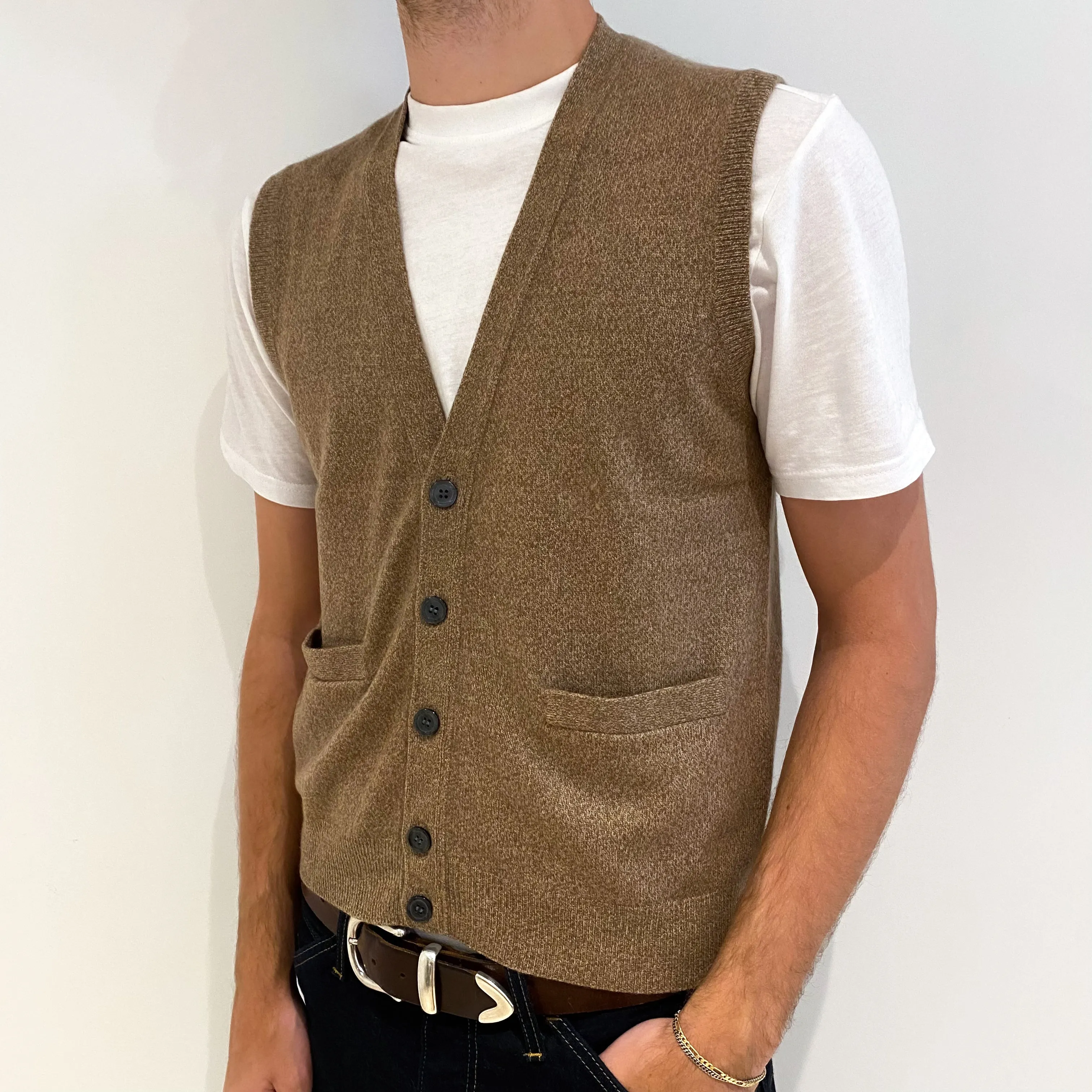 Men's Camel Brown Marl Cashmere V-Neck Gilet Medium