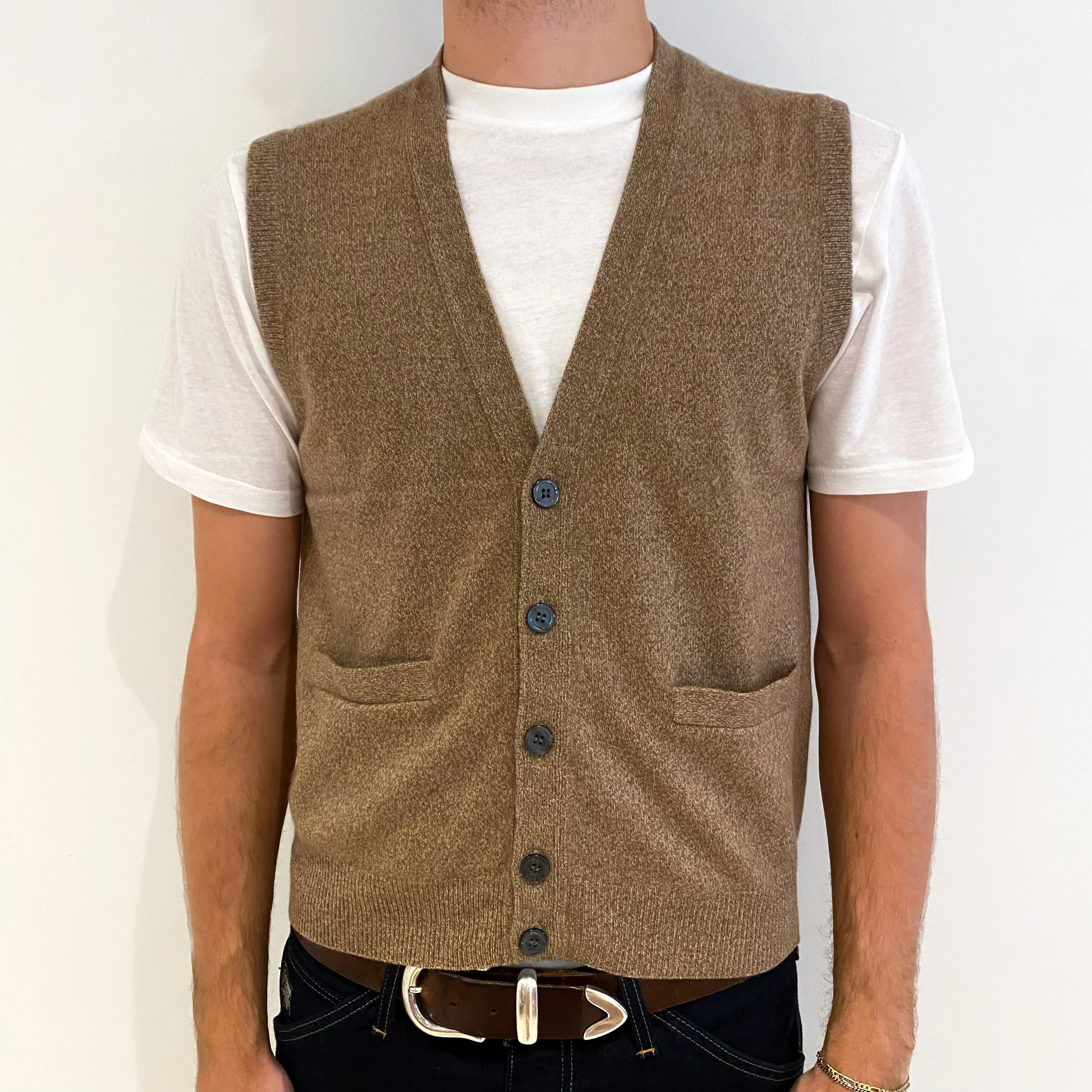 Men's Camel Brown Marl Cashmere V-Neck Gilet Medium
