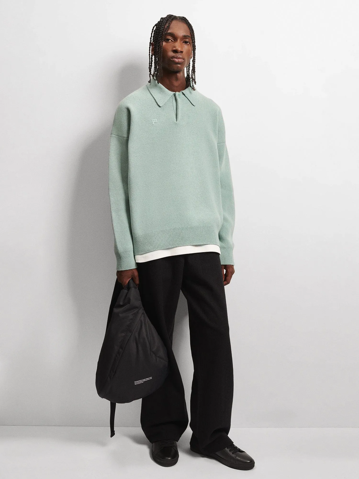Mens Recycled Cashmere Polo Sweater—eucalyptus blue