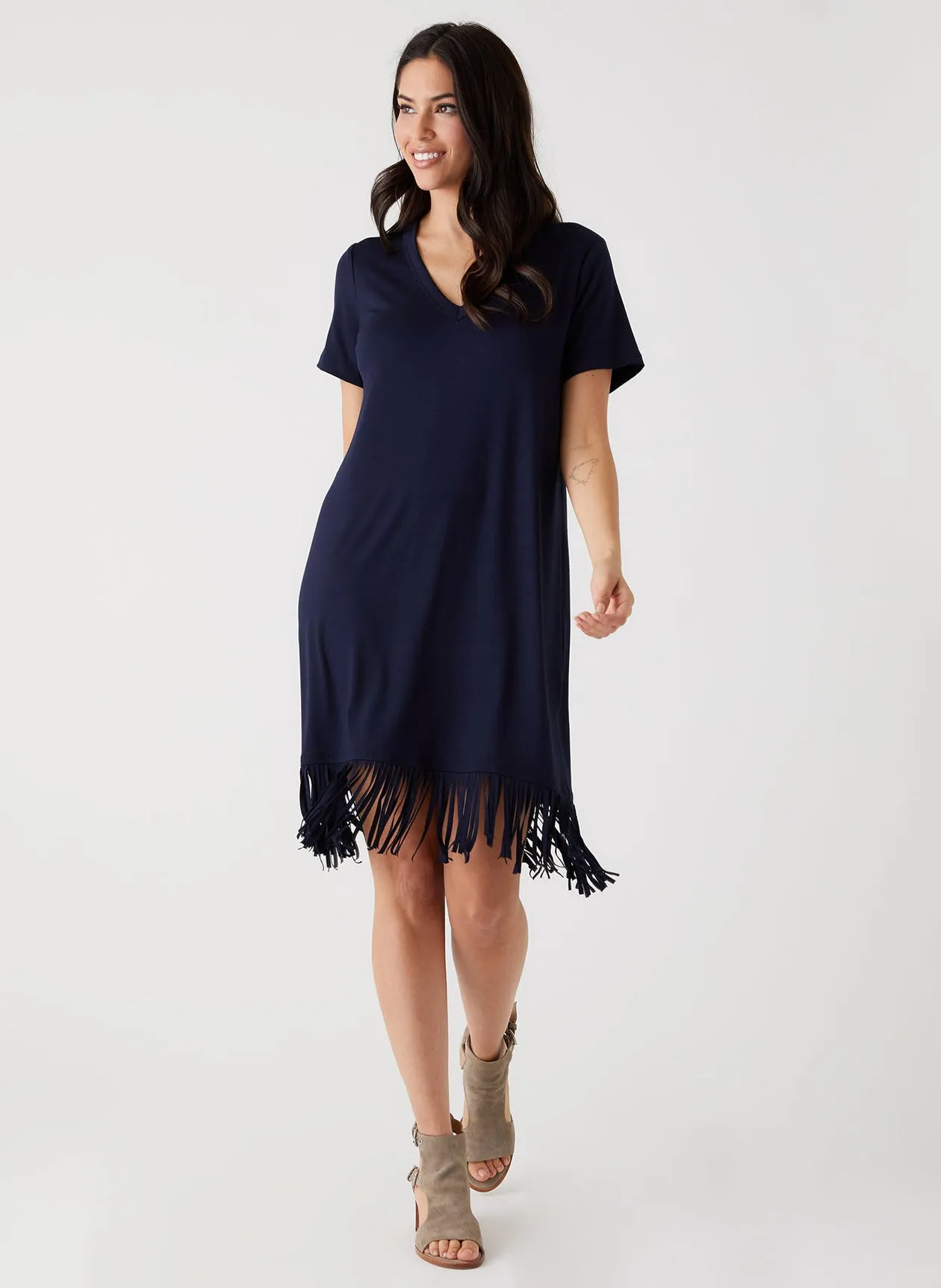 NAVY V-NECK FRINGE DRESS