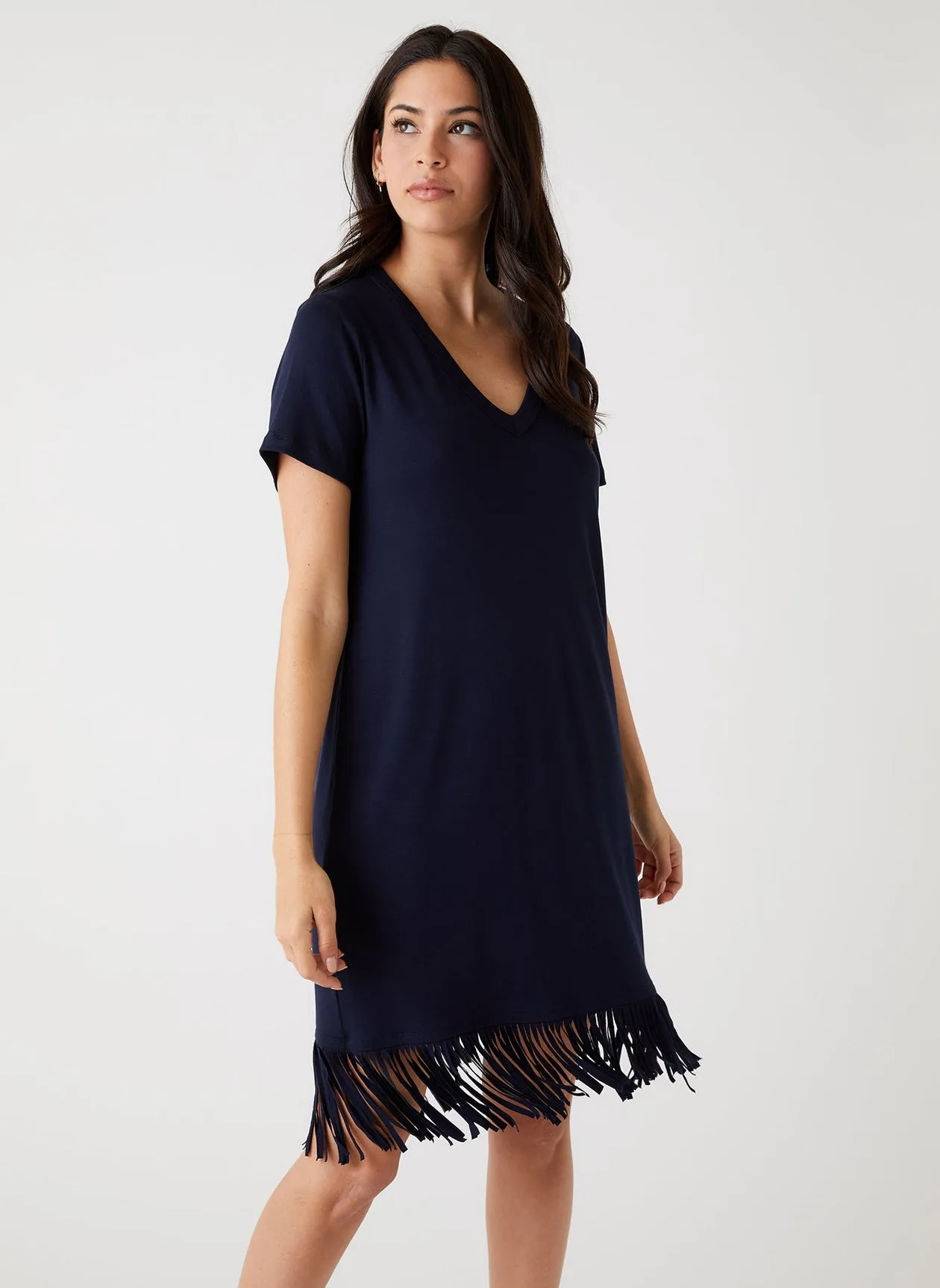 NAVY V-NECK FRINGE DRESS