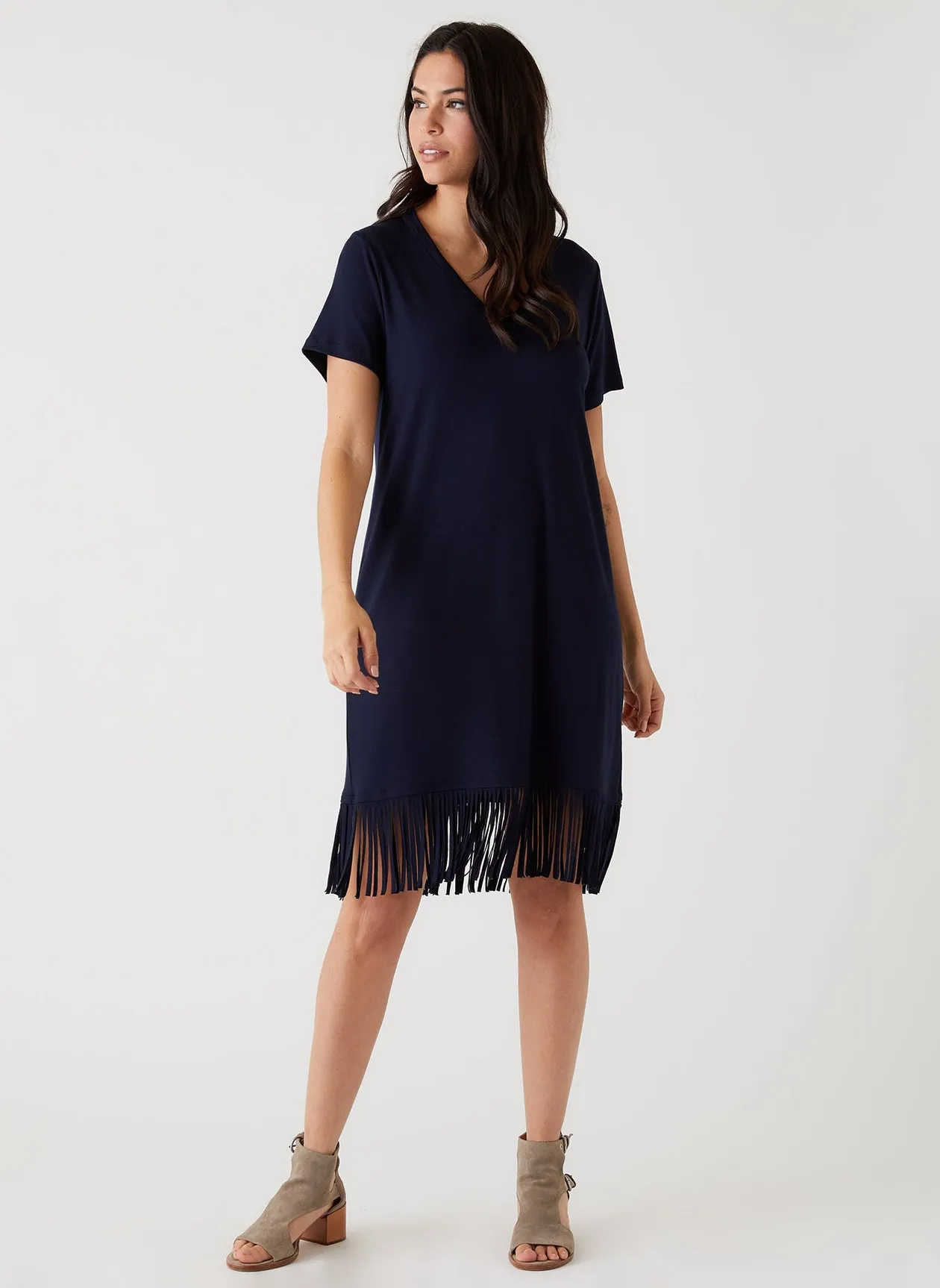 NAVY V-NECK FRINGE DRESS