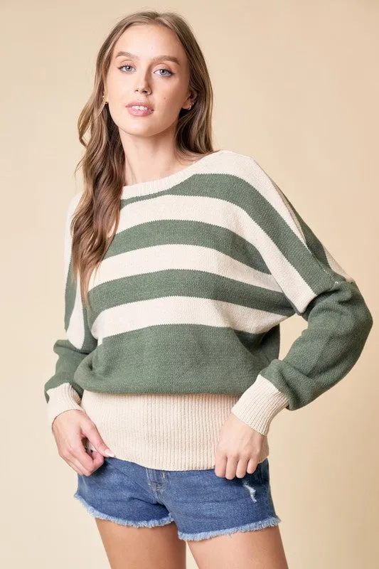 Olive/Cream Striped Oversize Sweater Top
