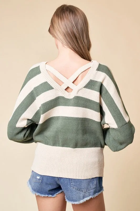 Olive/Cream Striped Oversize Sweater Top
