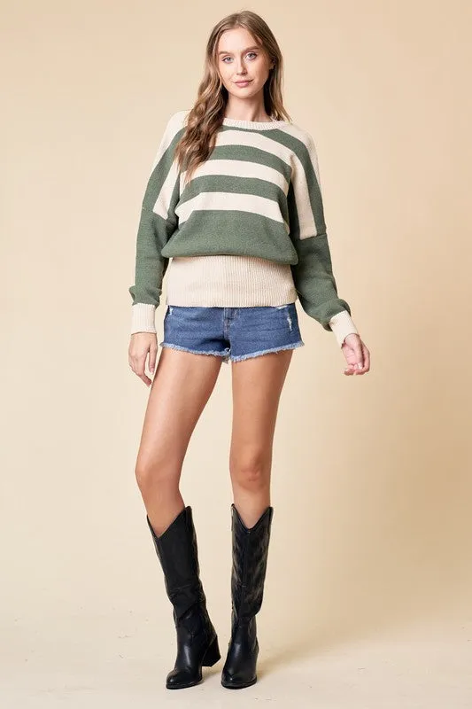 Olive/Cream Striped Oversize Sweater Top