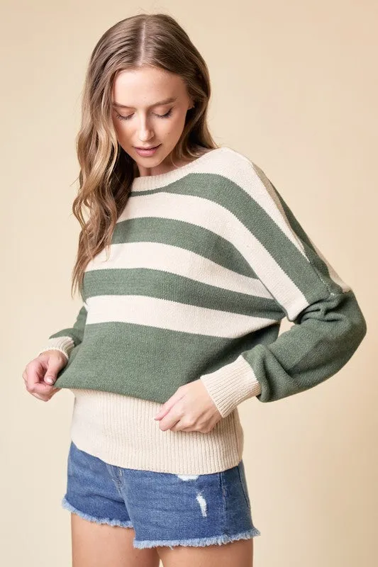 Olive/Cream Striped Oversize Sweater Top
