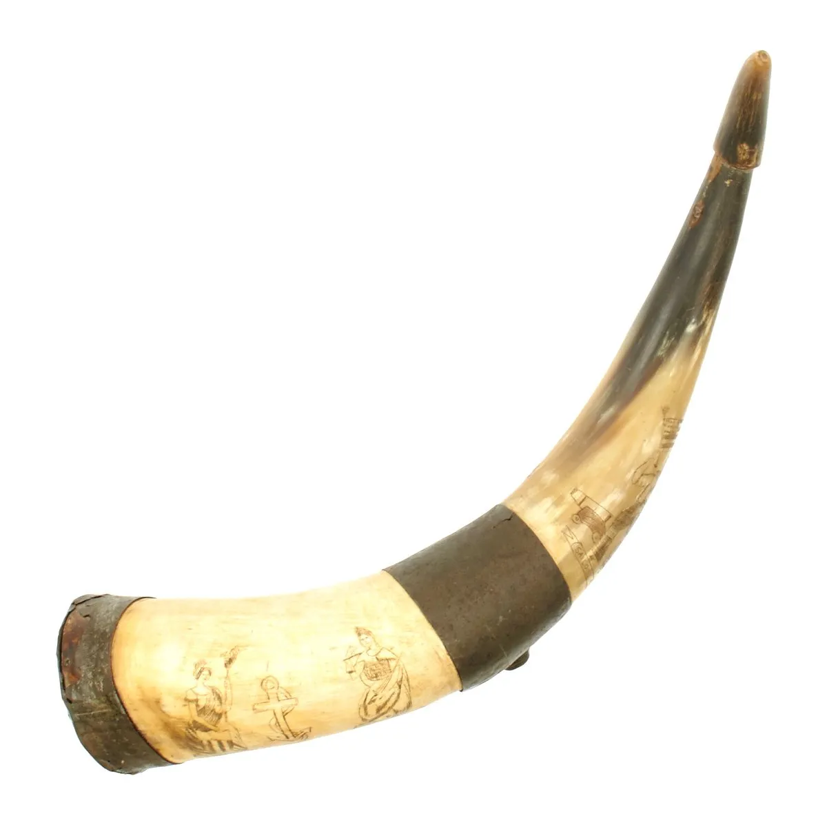 Original U.S. Naval Gunner's Priming Priming Powder Horn with Patriotic Scrimshaw Engraving c.1812