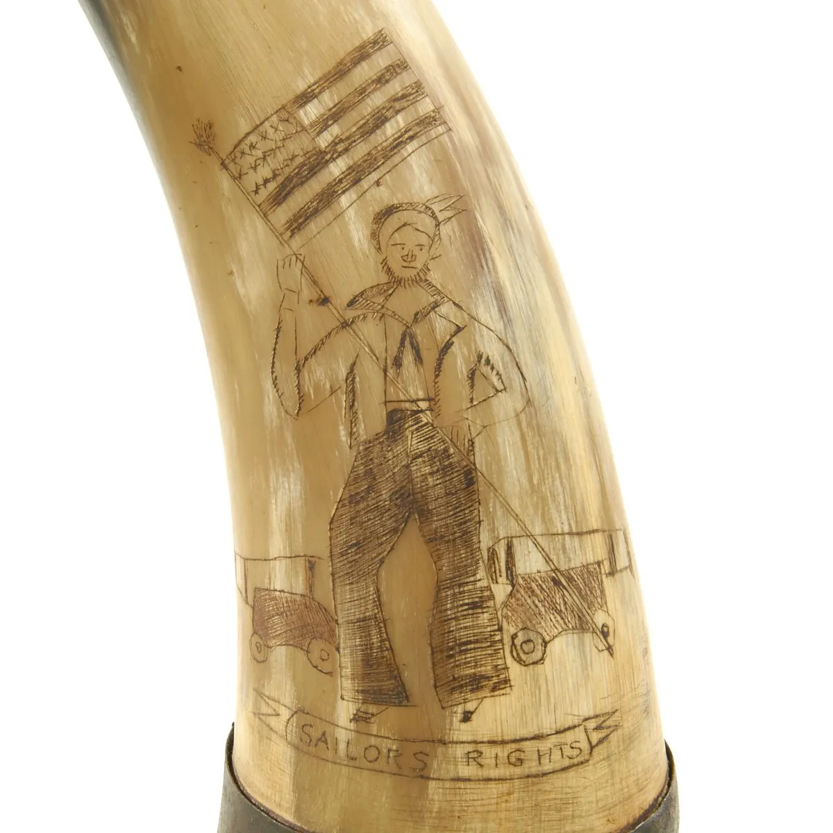 Original U.S. Naval Gunner's Priming Priming Powder Horn with Patriotic Scrimshaw Engraving c.1812