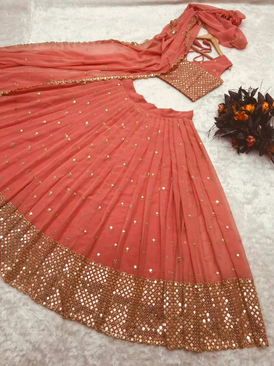 Party Wear Peach Color Sequence Embroidery Work Lehenga Choli