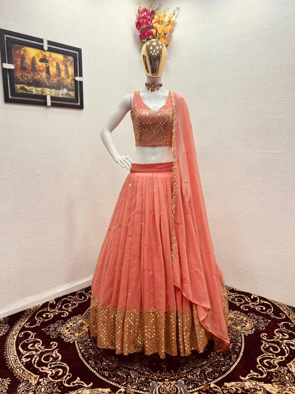 Party Wear Peach Color Sequence Embroidery Work Lehenga Choli